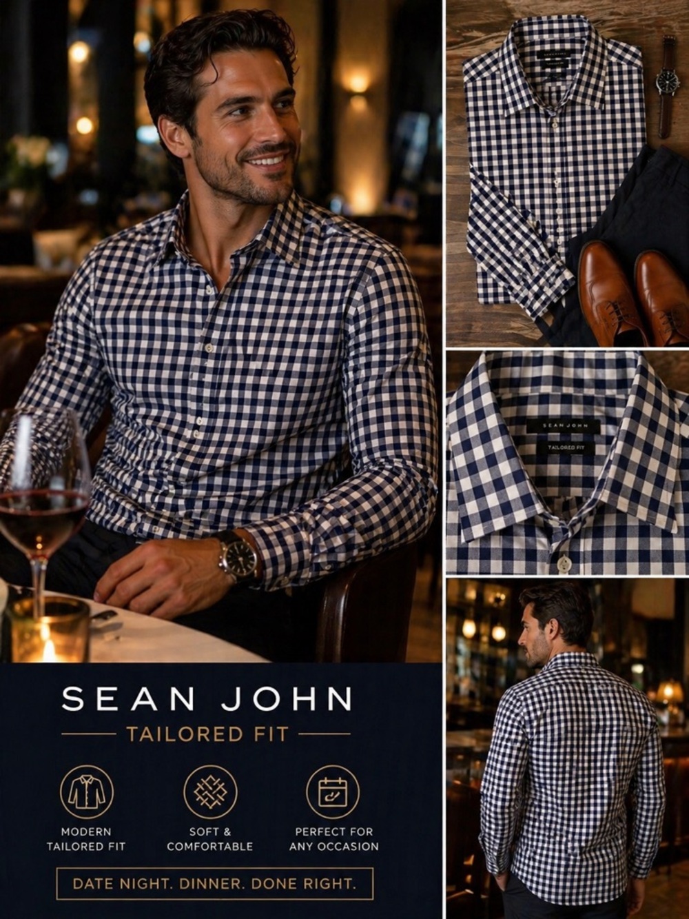 Sean John Tailored Fit Blue & White Check Button Down Shirt – Men’s